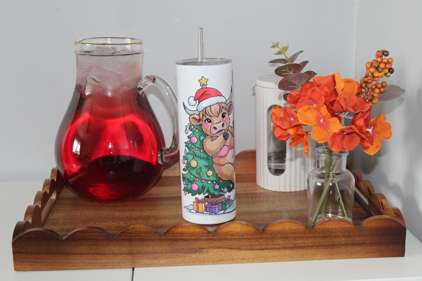 Mind Yo Business Christmas Is Expensive Highland Cow On A Pole 20oz Tumbler With Lid & Straw