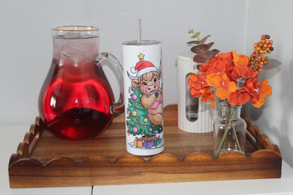 Mind Yo Business Christmas Is Expensive Highland Cow On A Pole 20oz Tumbler With Lid & Straw