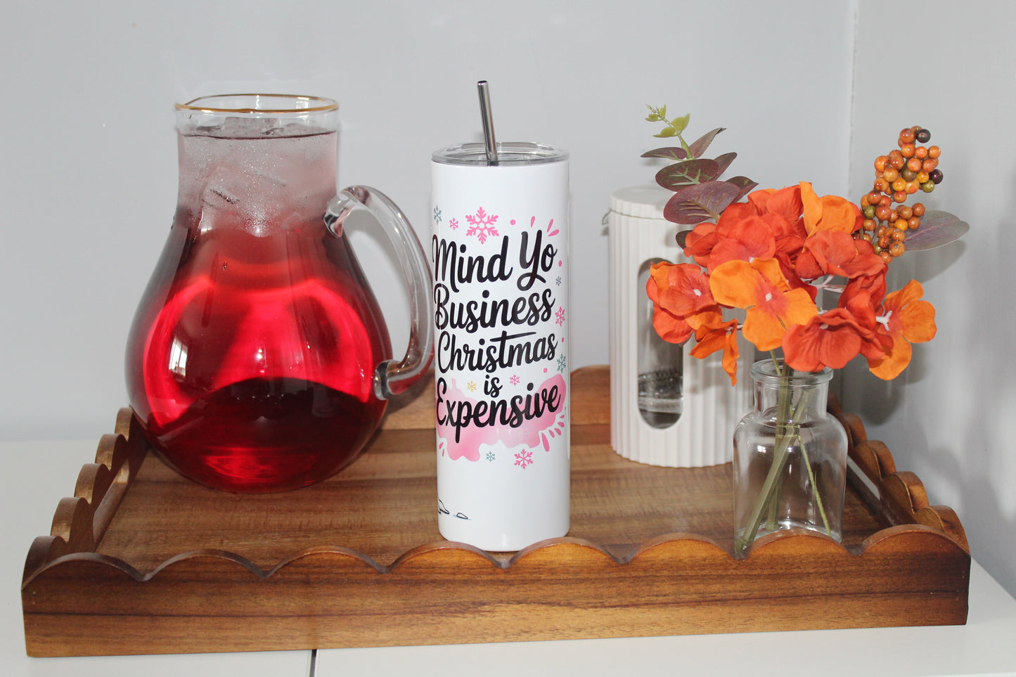 Mind Yo Business Christmas Is Expensive Highland Cow On A Pole 20oz Tumbler With Lid & Straw